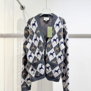 Authentic Gucci Women's Gray and Navy Diamond Cardigan